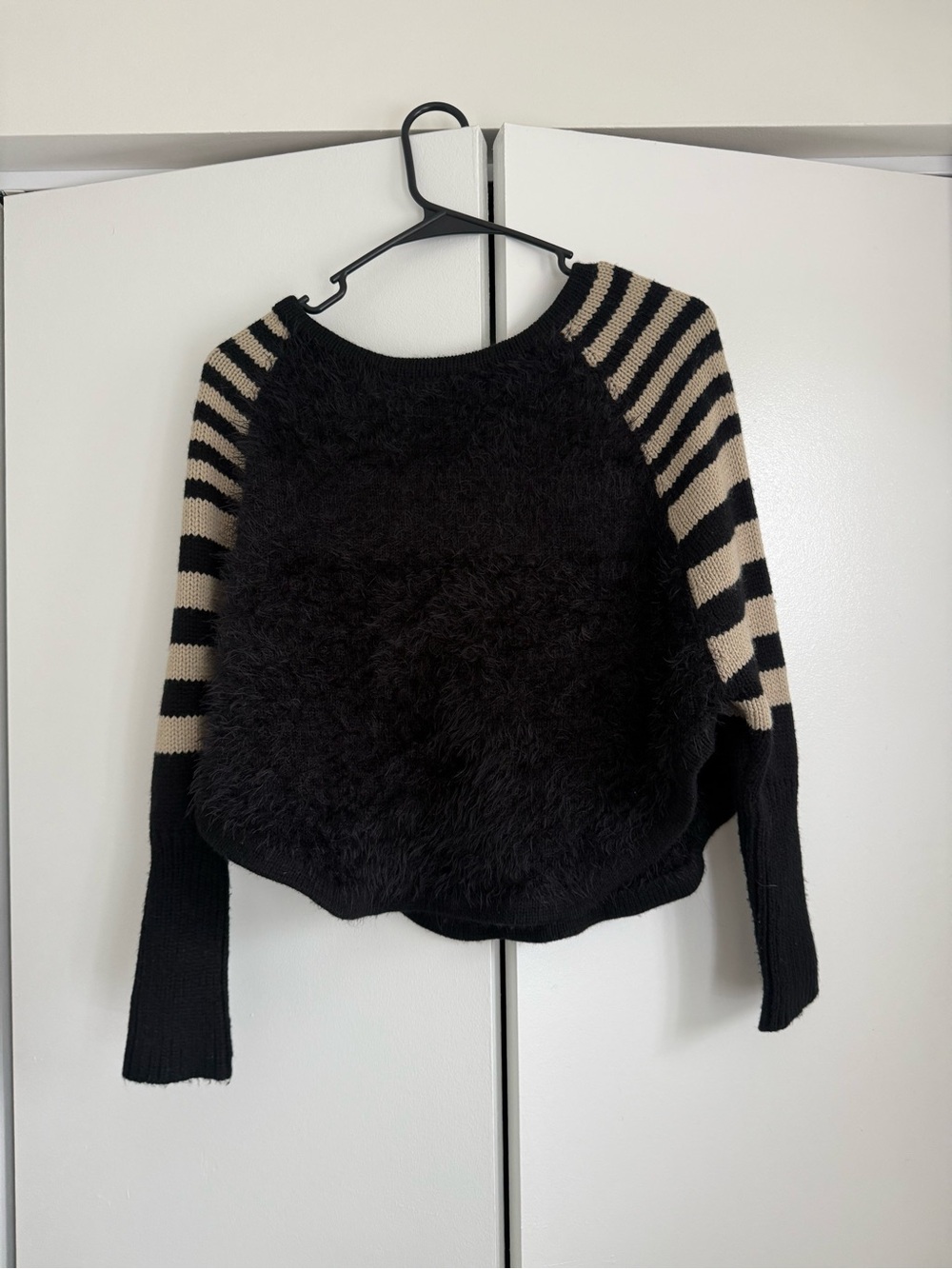 Ya Los Angeles Black Fuzzy Crewneck with Cream Striped Sleeves